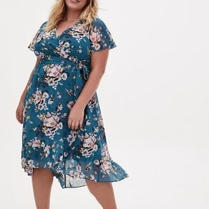 Teal Floral Chiffon Wrap Dress